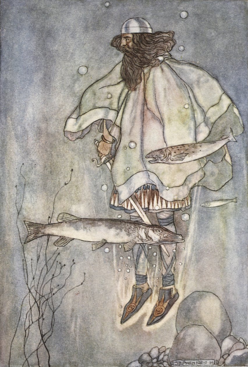 Fergus lemegy a tóba, illusztrációja T.W. „Finn nagy tettei és az ókori Írország egyéb bard romantikája” című könyvéből. Rolleston (színes litó) alkotó: Stephen Reid