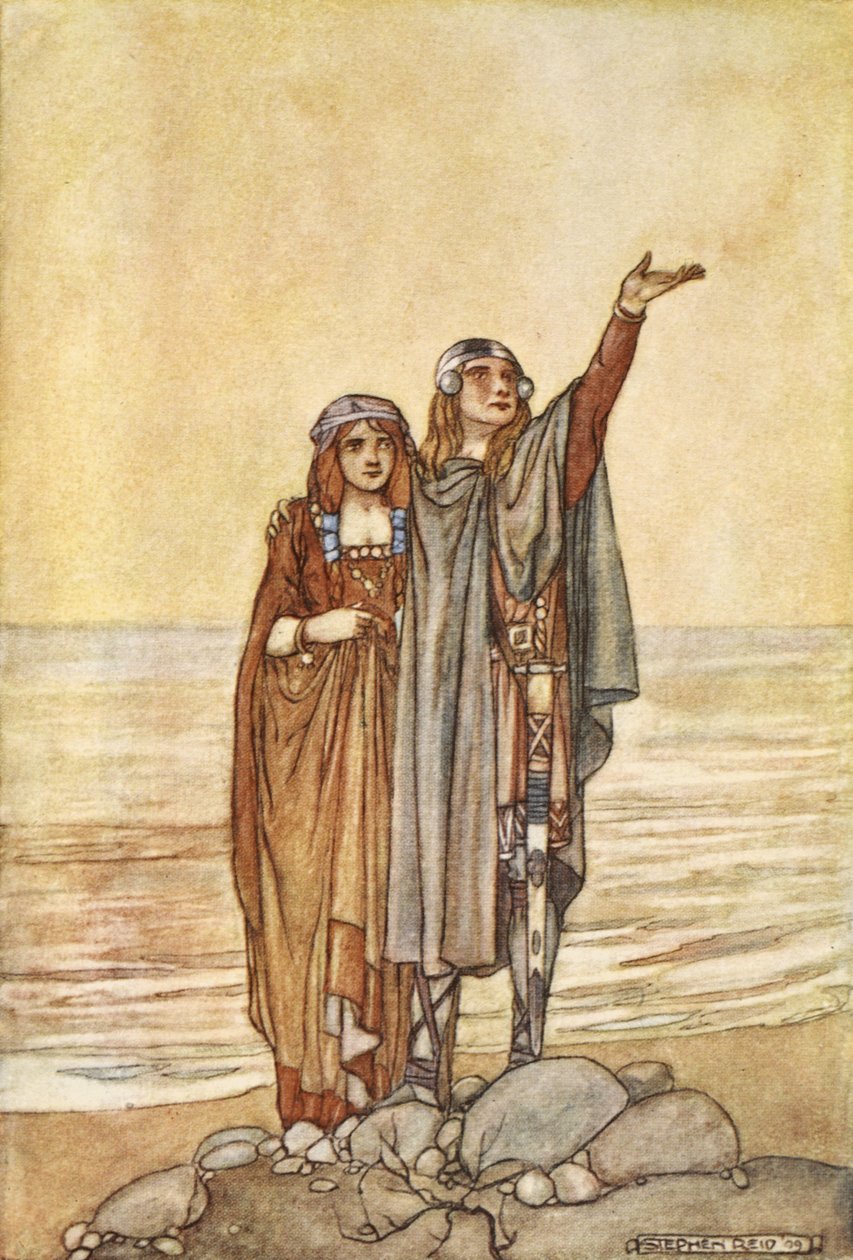 „Kövess engem most Allen dombjára”, illusztráció a „Finn nagy tettei és az ókori Írország egyéb bard romantikája” című könyvéből, T.W. Rolleston (színes litó) alkotó: Stephen Reid