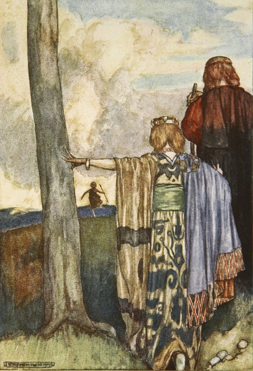 Maeve királynő találkozik Cuchulainnel, illusztrációja Eleanor Hull (1860-1935) „Cuchulain, The Hound of Ulster” című művéből alkotó: Stephen Reid