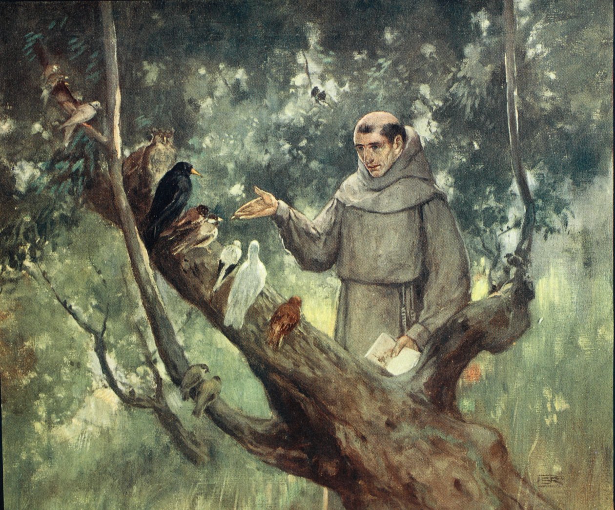 Szent Ferenc prédikál a madaraknak, illusztráció a "Sisak és köpeny: A szerzetesrendek és a katonai rendek történetei" W.M. Letts és M.F.S. Letts alkotó: Stephen Reid