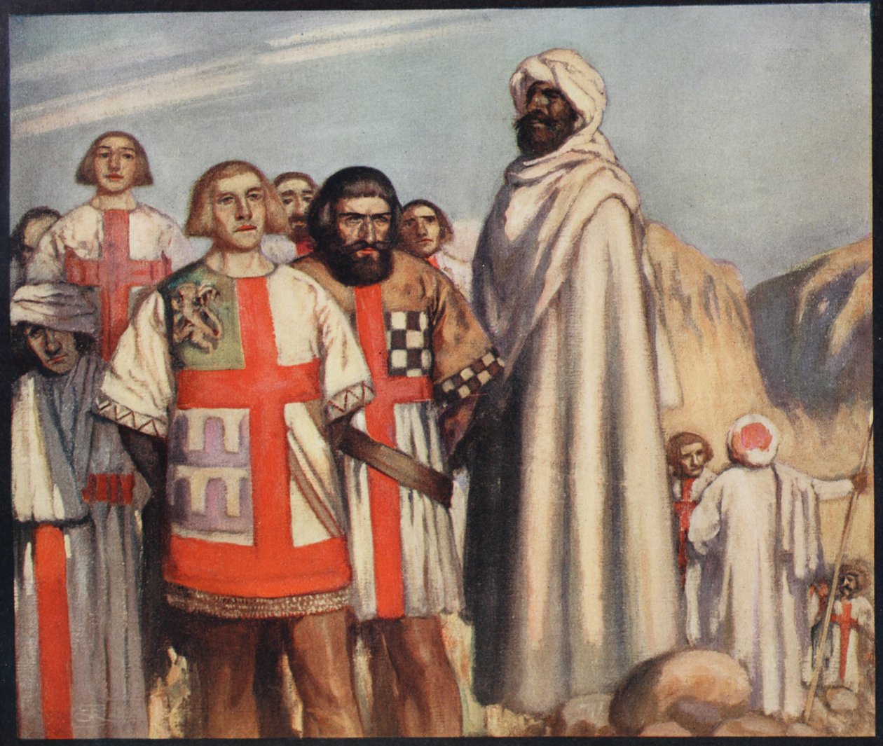 A Vöröskereszt lovagjai Szaladin hatalmában, illusztráció a „Sisak és köpeny: A szerzetesrendek és a katonai rendek történetei” W.M. Letts és M.F.S. Letts alkotó: Stephen Reid