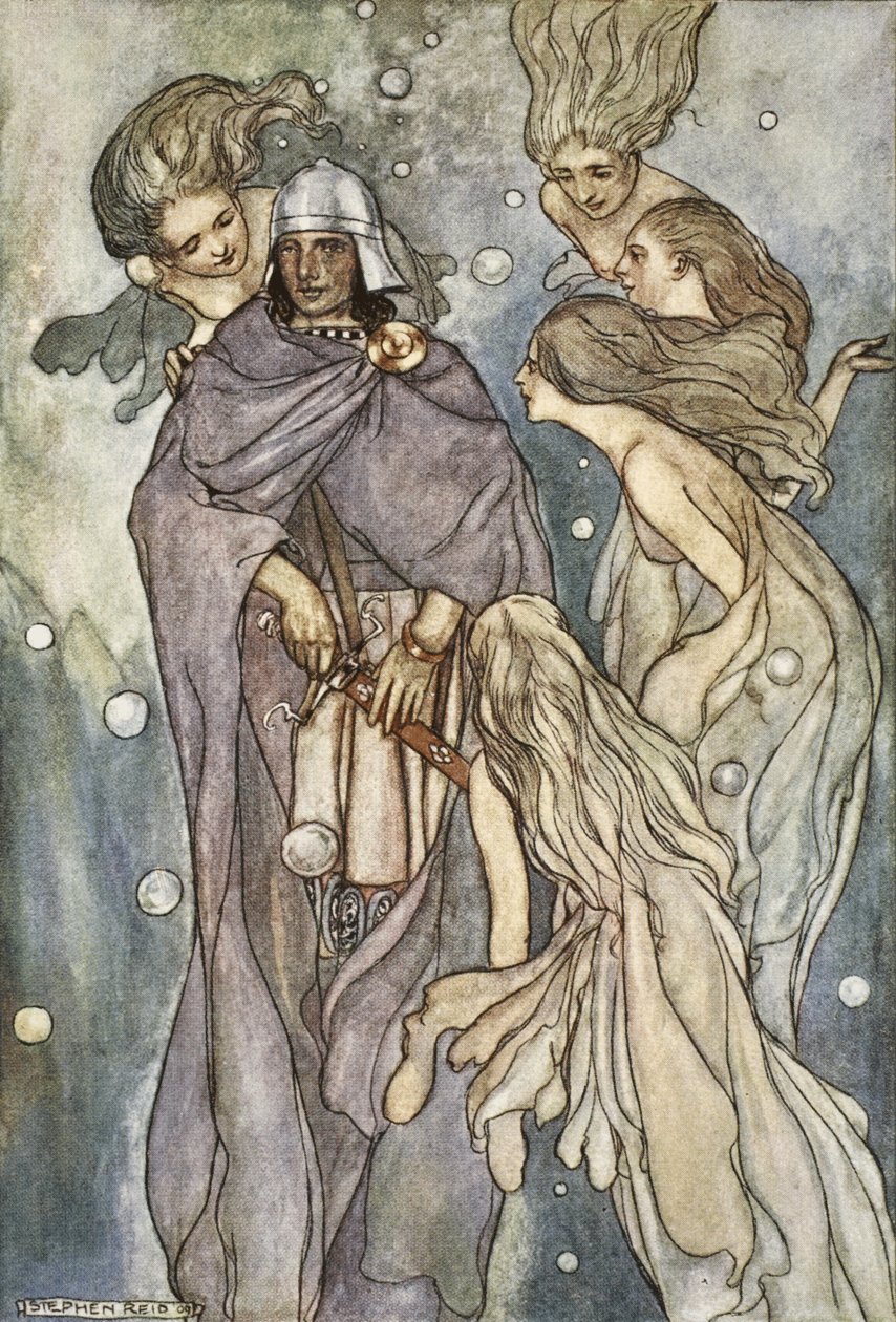 Ott laktak a vörös hajú óceáni nimfák, T.W. „The High Deeds of Finn, and other bardic Romances of Ancient Ireland” című művéből. Rolleston (színes litó) alkotó: Stephen Reid