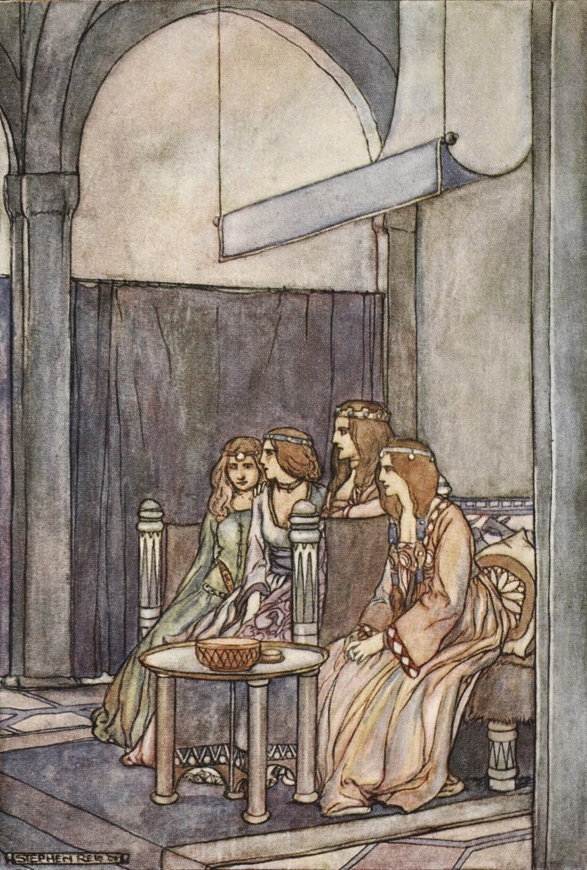 Ott ült a három leányzó a királynővel, illusztrációja T.W. „The High Deeds of Finn, and other bardic Romances of Ancient Ireland” című művéből. Rolleston (színes litó) alkotó: Stephen Reid