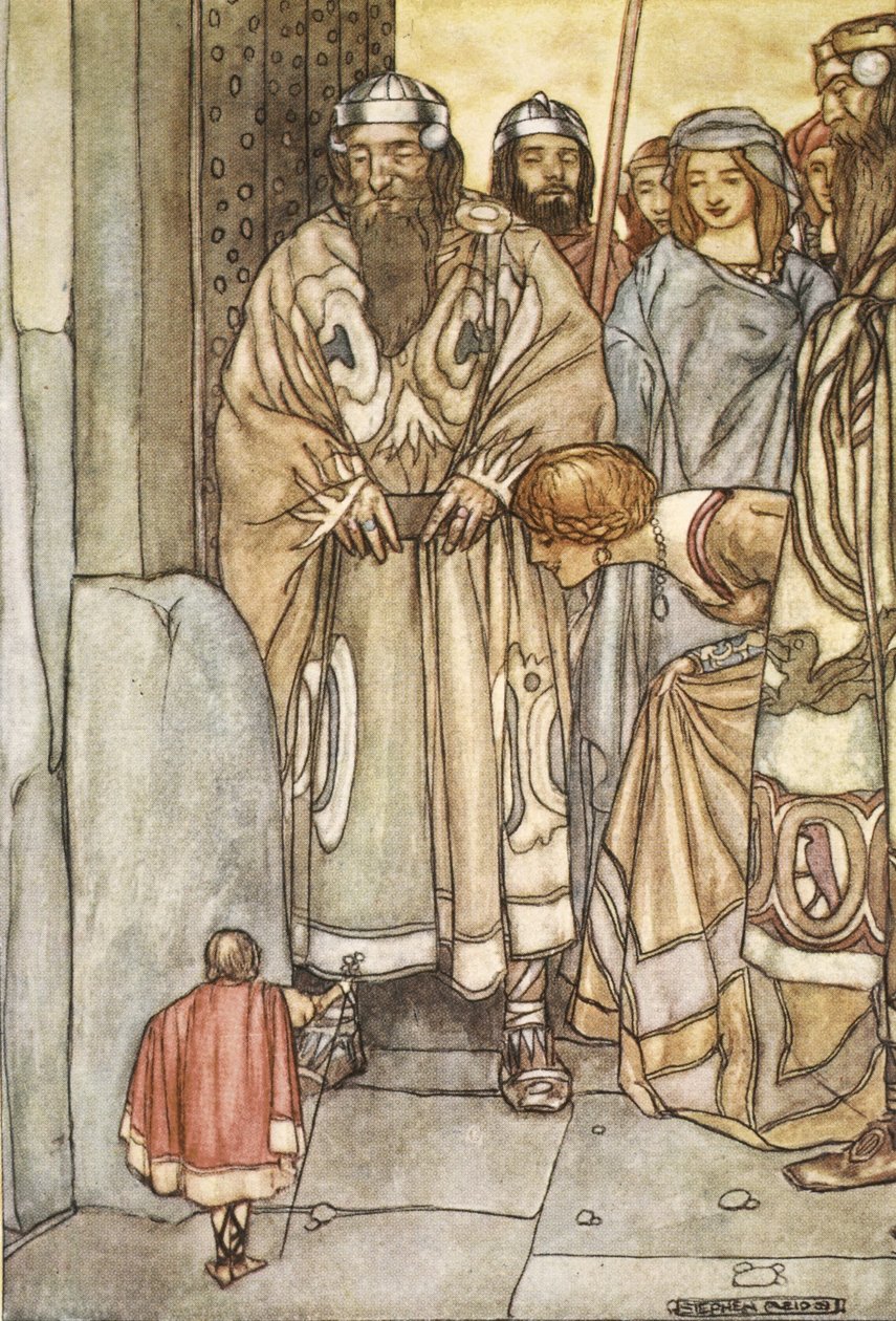 Valamennyien kivonultak, urak és hölgyek, hogy megtekintsék a pici embert, T.W. „The High Deeds of Finn, and other Bardic Romances of Ancient Ireland” című illusztrációját. Rolleston (színes litó) alkotó: Stephen Reid