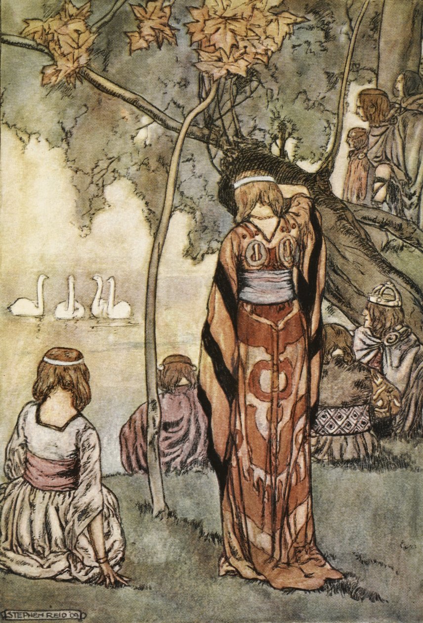 Tábort ütöttek, és a hattyúk énekeltek nekik, T.W. „The High Deeds of Finn, and other Bardic Romances of Ancient Ireland” című művéből. Rolleston (színes litó) alkotó: Stephen Reid
