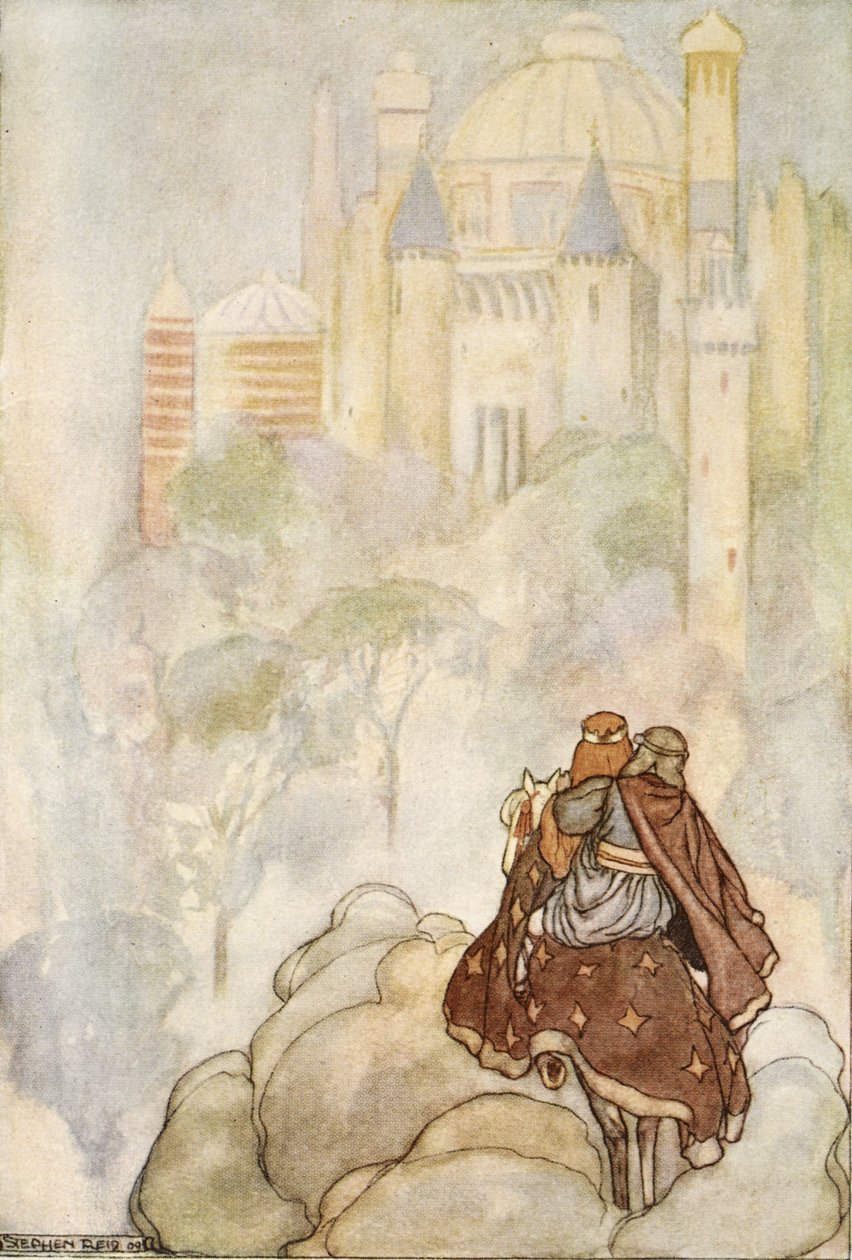 Fellovagoltak egy impozáns palotához, amelyen T.W. „Finn nagy tettei és az ókori Írország egyéb bard romantikája” című művéből készült illusztráció. Rolleston (színes litó) alkotó: Stephen Reid