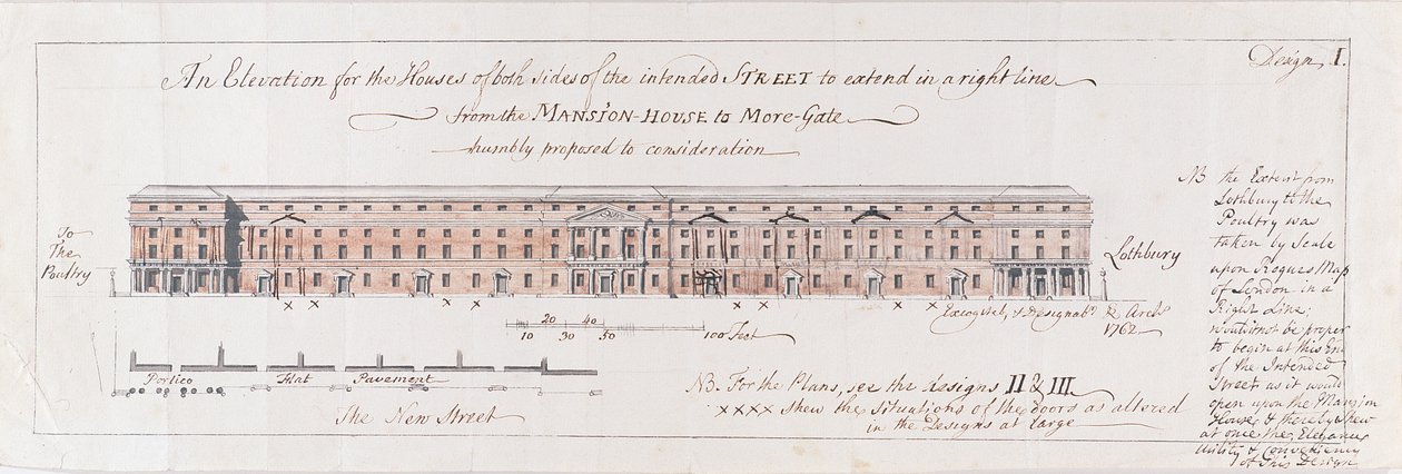 A tervezett utca mindkét oldalán lévő házak tervezése a Kúria-House-tól a More-Gate-ig alázatosan megfontolásra javasolt egyenes vonalban, 1762 (Wc tollal és grafittal fektetett papíron) alkotó: Stephen Riou