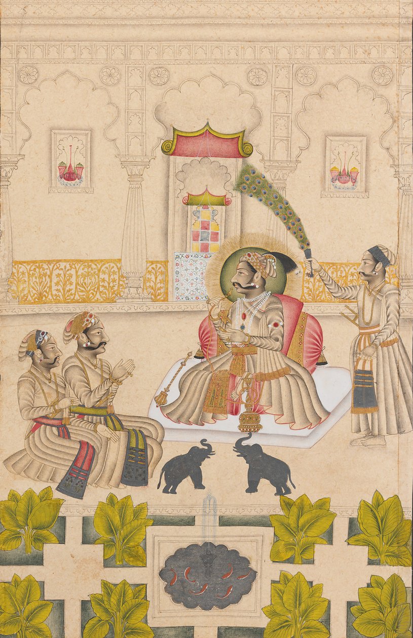 Maharana Amar Singh II két ezüst elefánt látható, kb. 1705. alkotó: Stipple Master