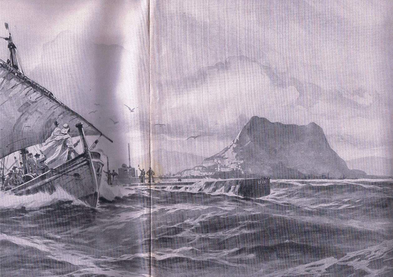 Német tengeralattjáró a Gibralteri-szoroson át a Dardenellák felé vezető úton, a The Illustrated History of the World War 1914-1915 pubból. az Union Berlagsefellfchaft alkotó: Willy Stoewer 