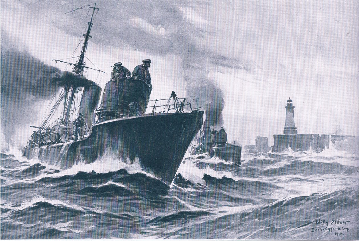 Járőrhajók és aknavetők kihajóznak Zeebrugge kikötőjéből, a The Illustrated History of the World War 1914-1915 pubból. az Union Berlagsefellfchaft alkotó: Willy Stoewer 