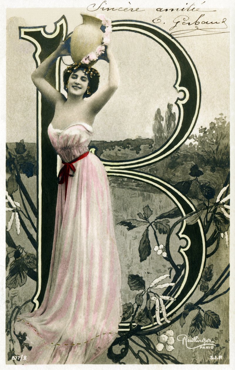 B: Bianca Toledo, művész, énekes és sevillai táncos a Belle Epoque-ból - Casino de Paris, Folies Bergere, Jardin de Paris - Alphabet képeslapon alkotó: Studio Reutlinger