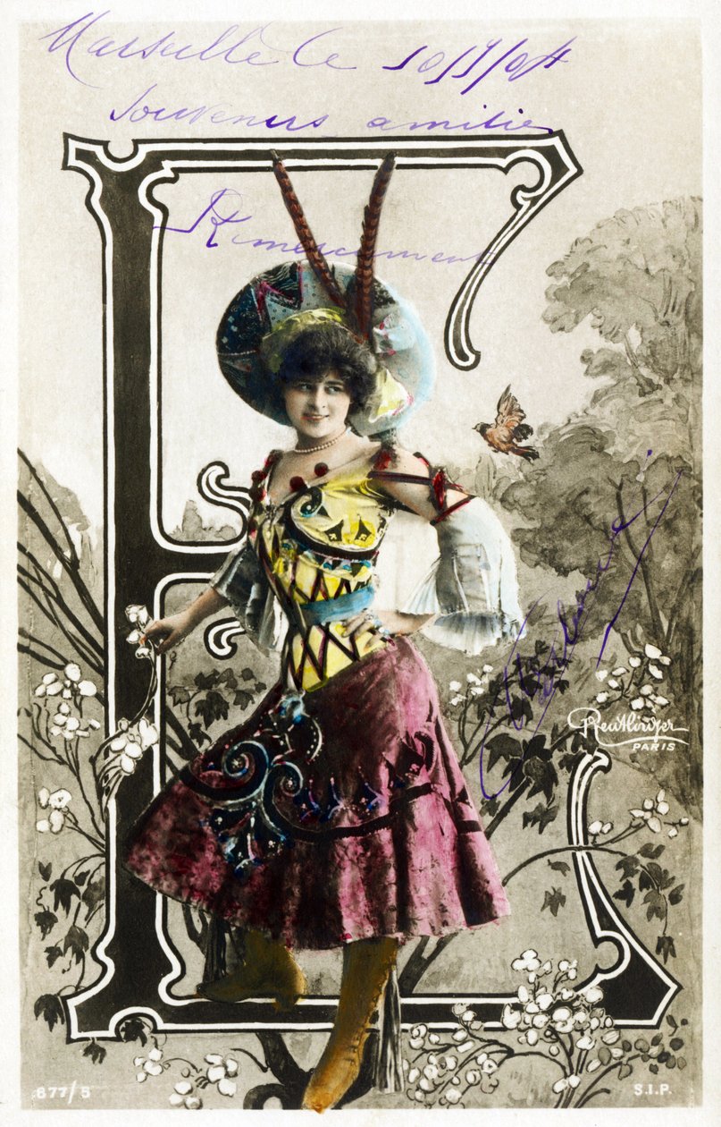 E : Constance Elise De Vere francia színésznő, angol származású, Belgiumban született - Theatre Marigny, Párizs - Ábécé képeslapon alkotó: Studio Reutlinger