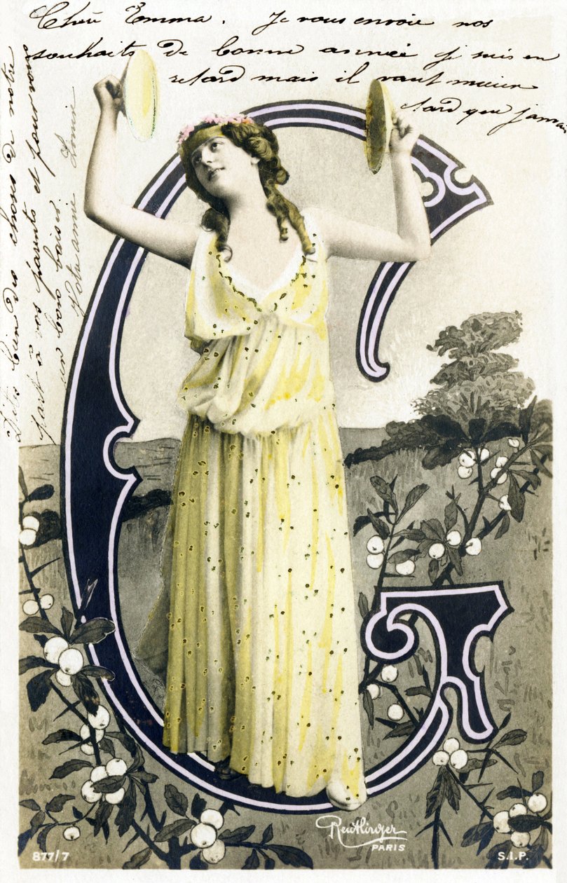 G: Louise Myriel, színészek és énekesnő a Belle Epoque-ból - Folies Bergere, Gymnase, Gaite, Paris - Ábécé képeslapon alkotó: Studio Reutlinger