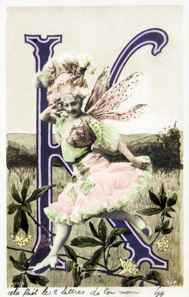 K : Juliette Mealy, énekesnő és kabarétáncos a la Belle Epoque-ból – a „Frou Frou” dal alkotója 1897-ben – Ábécé képeslapban alkotó: Studio Reutlinger