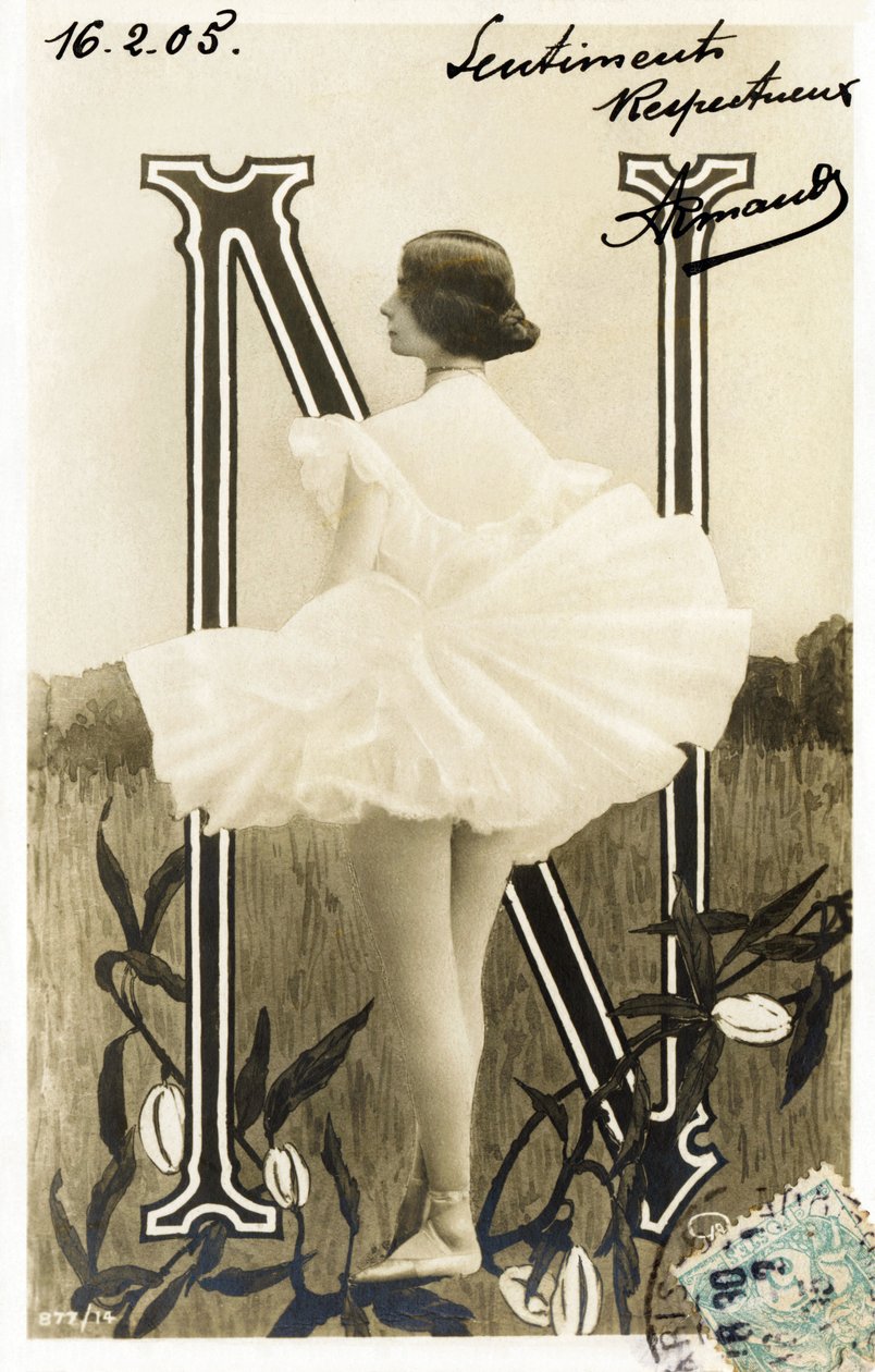 N: Cleopatre Diane de Merode, akit Cleo de Merode-nak hívnak, a Belle Epoque táncosa, az Opera de Paris-ban tanult - Theater des Folies Bergere, Párizs - Ábécé képeslapon alkotó: Studio Reutlinger