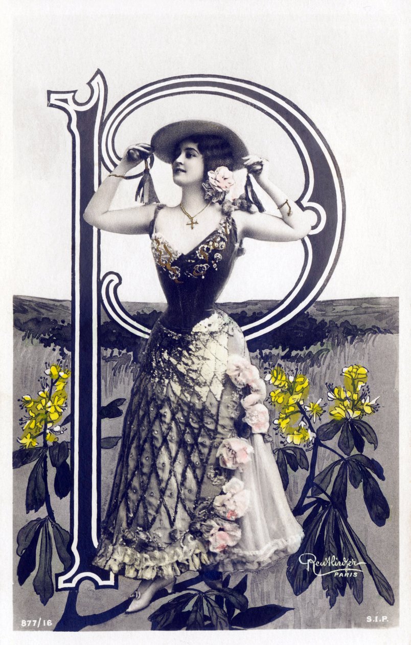P : Mlle Lolita, művész az 1900-as évekből - Ábécé képeslapon alkotó: Studio Reutlinger