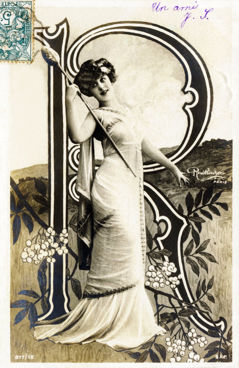R: Gabrielle Robinne, francia színésznő, Comedie Francaise, Párizs - Ábécé képeslapon alkotó: Studio Reutlinger
