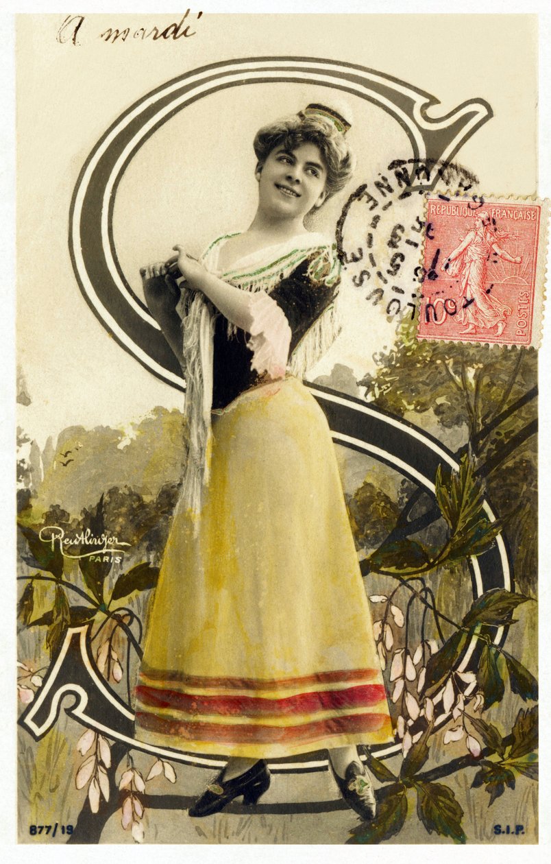 S: Mlle Caux, művész az 1900-as évekből - Ábécé képeslapon alkotó: Studio Reutlinger