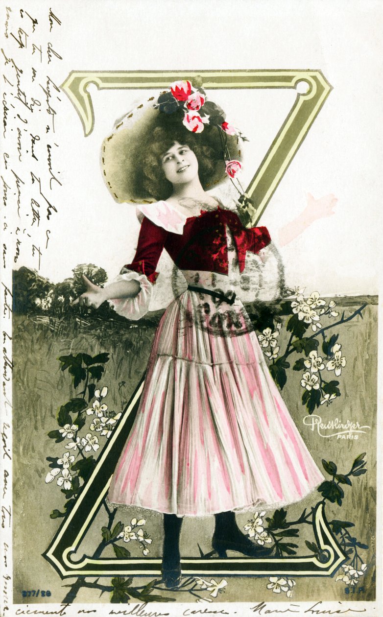 Z: Constance Elise De Vere, belgiumi születésű, angol származású francia színésznő, ábécé képeslapon alkotó: Studio Reutlinger