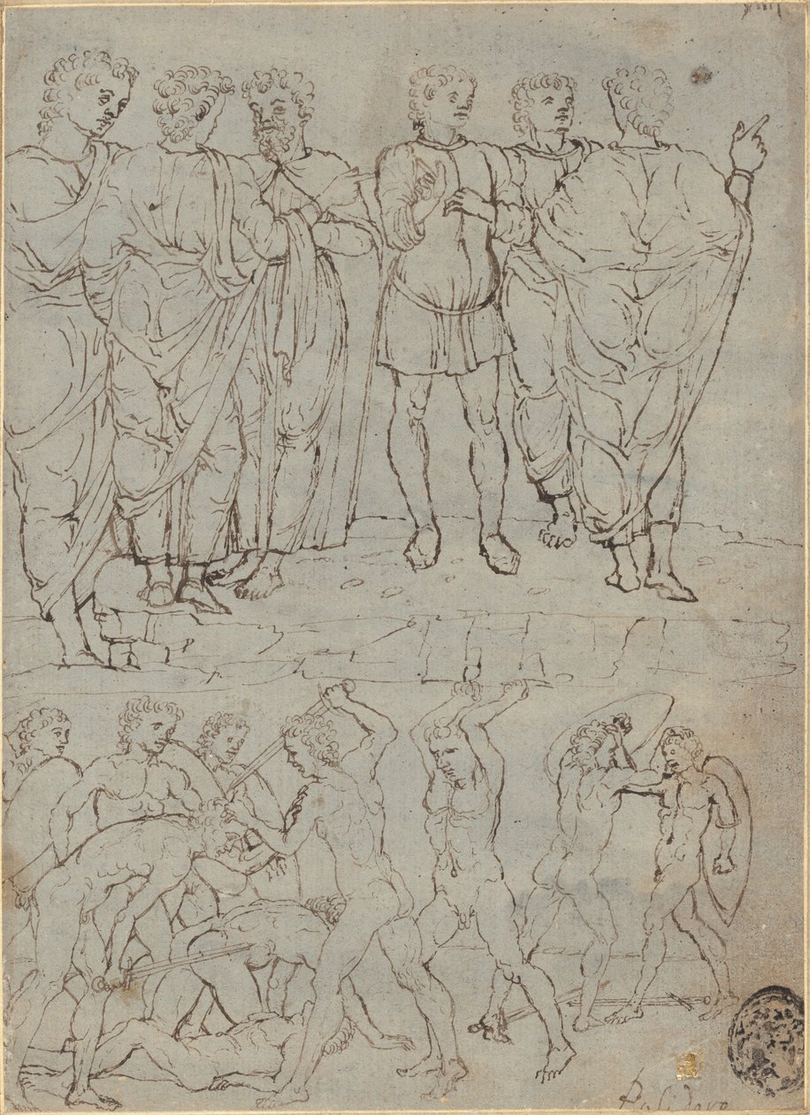 Hat beszélgető férfi és tíz harcoló akt alkotó: Studio of Francesco Squarcione
