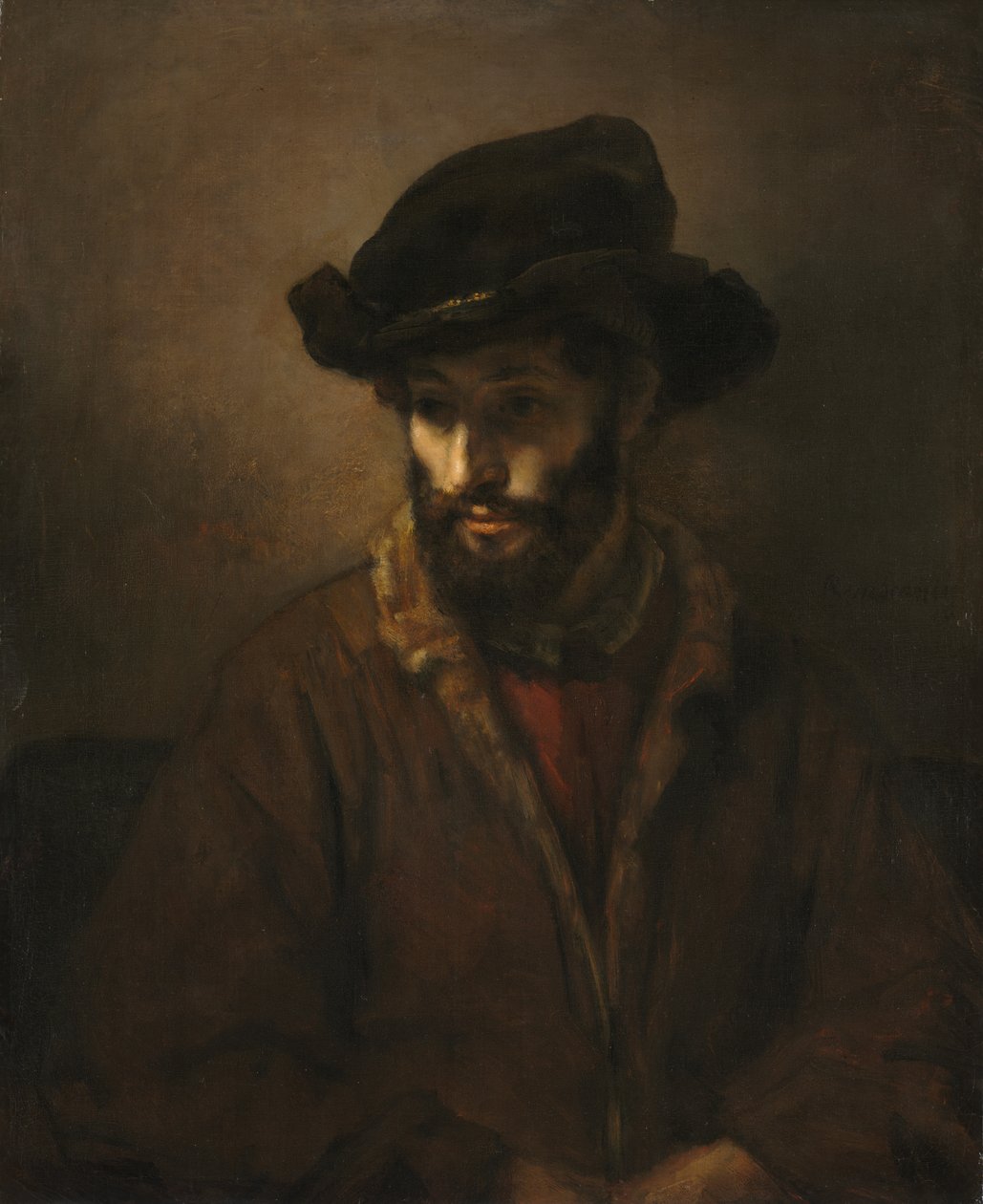 Egy szakállas férfi kalapot visel alkotó: Studio of Rembrandt van Rijn