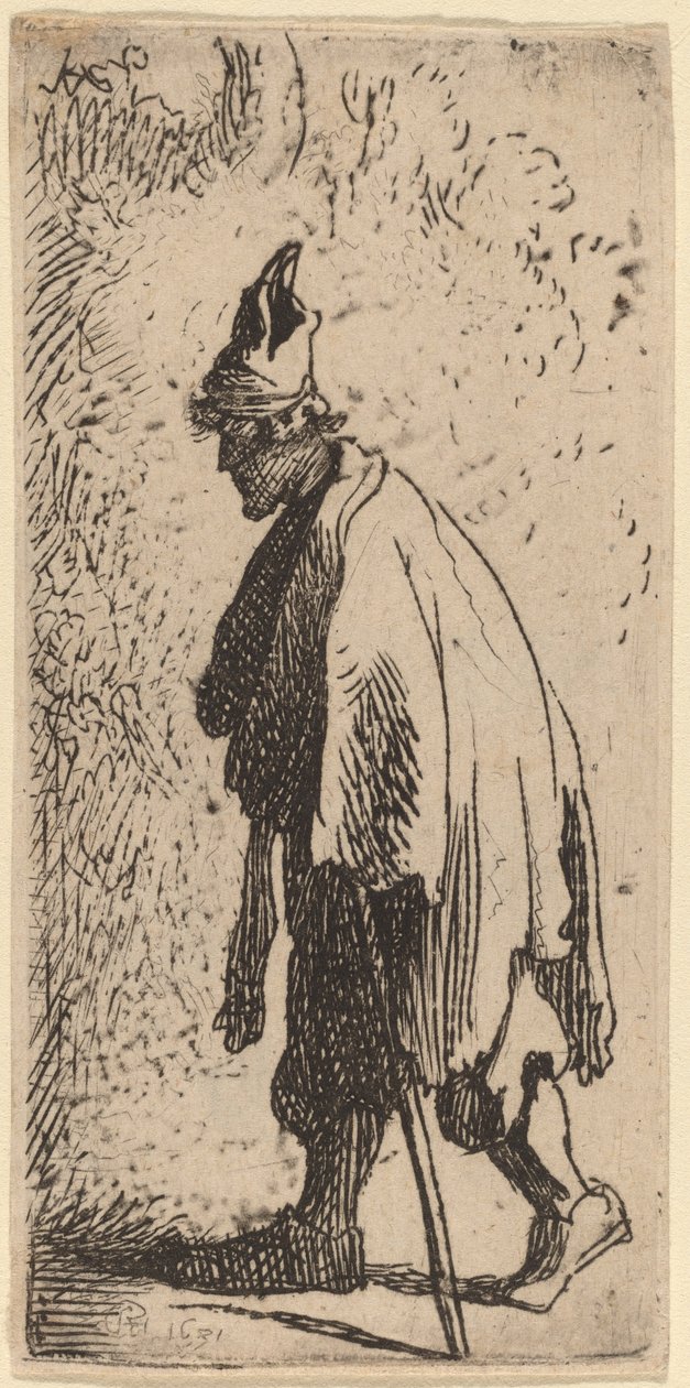 Koldus bottal, balra sétál alkotó: Studio of Rembrandt van Rijn