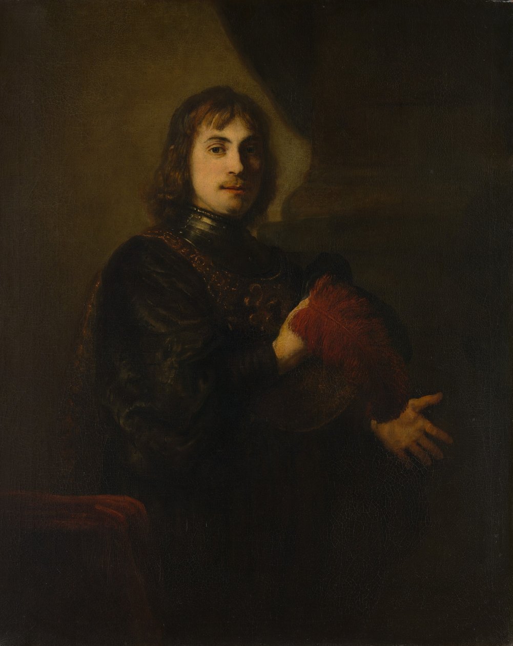 Portré egy férfi mellvérttel és tollas kalappal. alkotó: Style of Rembrandt