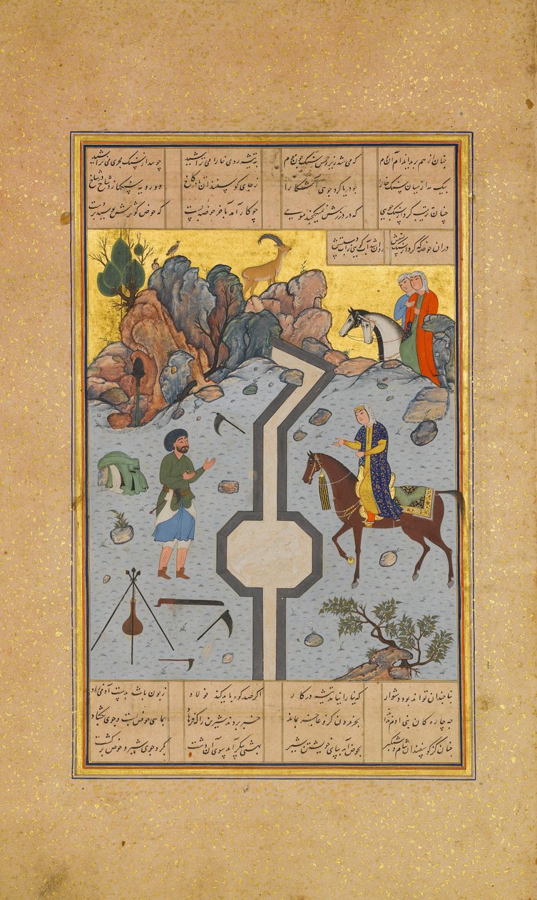 Farhad tejcsatornát farag Shirinnek, Folio 74 egy Khamsa Quintettől..., A.H. 931A.D. 1524-25. Alkotók: Sultan Muhammad Nur, Mahmud Muzahhib, Shaikh Zada. alkotó: Sultan Muhammad Nur, Mahmud Muzahhib, Shaikh Zada