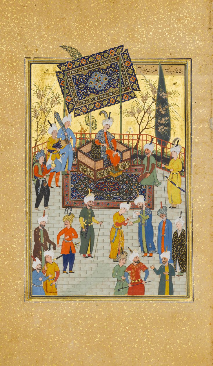 Khusrau a trónján ül, Folio 64 a Nizami Khamsa Quintetből, A.H. 931A.D. 1524-25. Alkotók: Sultan Muhammad Nur, Mahmud Muzahhib, Shaikh Zada. alkotó: Sultan Muhammad Nur, Mahmud Muzahhib, Shaikh Zada