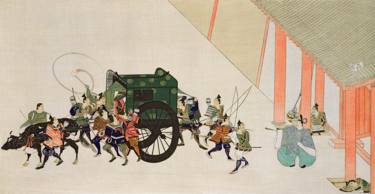 Egy palotából menekülő császár kocsis nőnek álcázva, jelenet a Heian-kori udvari románcból, a „The Kokka” magazinban, 1900-2001 alkotó: Sumiyoshi Hirozumi Gukei