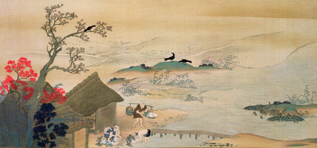 Parasztok zöldséget szüreteltek Kiotó közelében a középkorban, nyomtatva a „The Kokka” folyóiratban, 1900-01 alkotó: Sumiyoshi Hirozumi Gukei