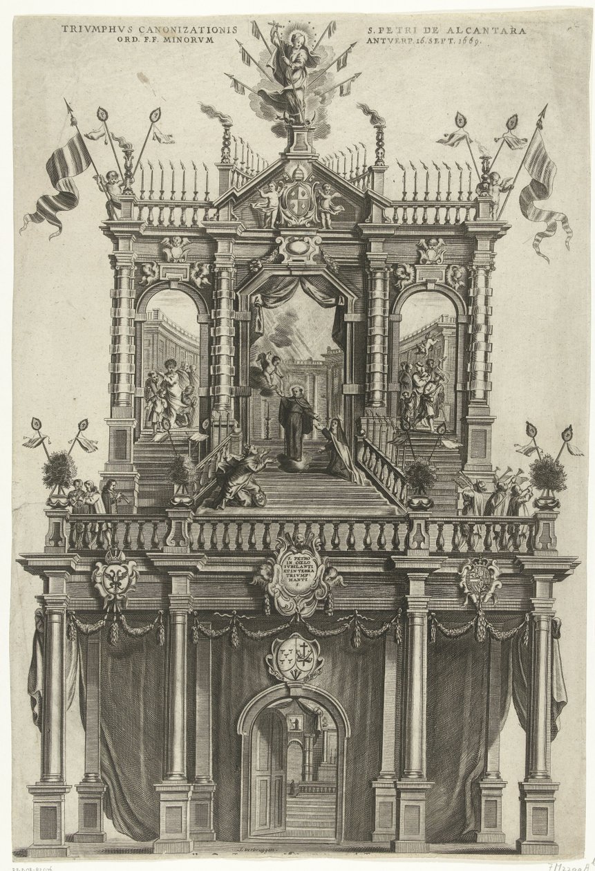 Antwerpenben felállított diadalkapu Alcantara Péter szentté avatása alkalmából 1669-ben Triumphus Canonizationis S. Petri de Alcantara Ord. F.F. Minorum Antverp. Szeptember 16. 1669 (cím a tárgyon) alkotó: Susanna Verbruggen (signed by artist)