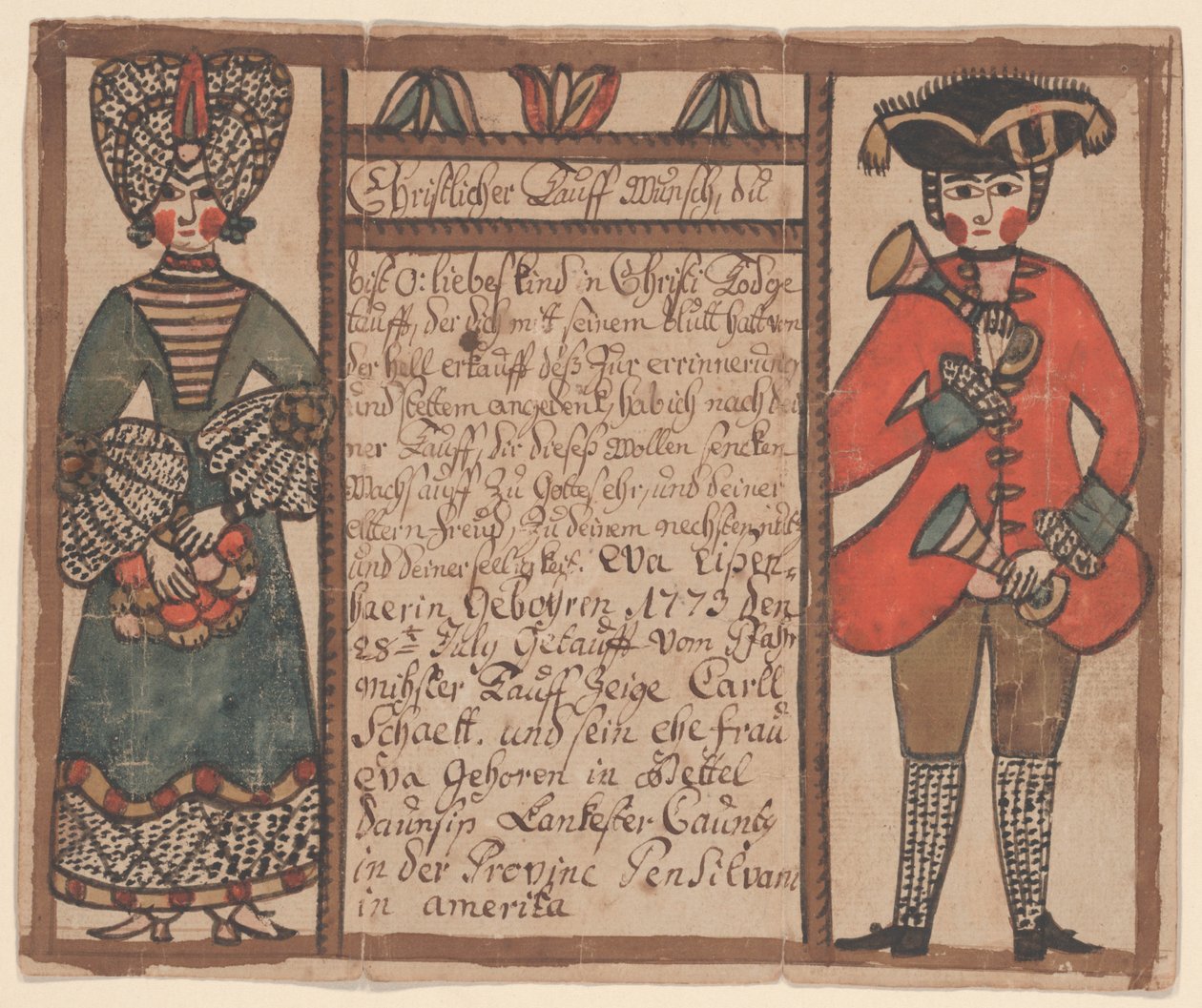Eva Eissenhaer születési és keresztelési anyakönyvi kivonata 1773 körül (toll, tinta és WC papíron) alkotó: Sussel Washington Artist