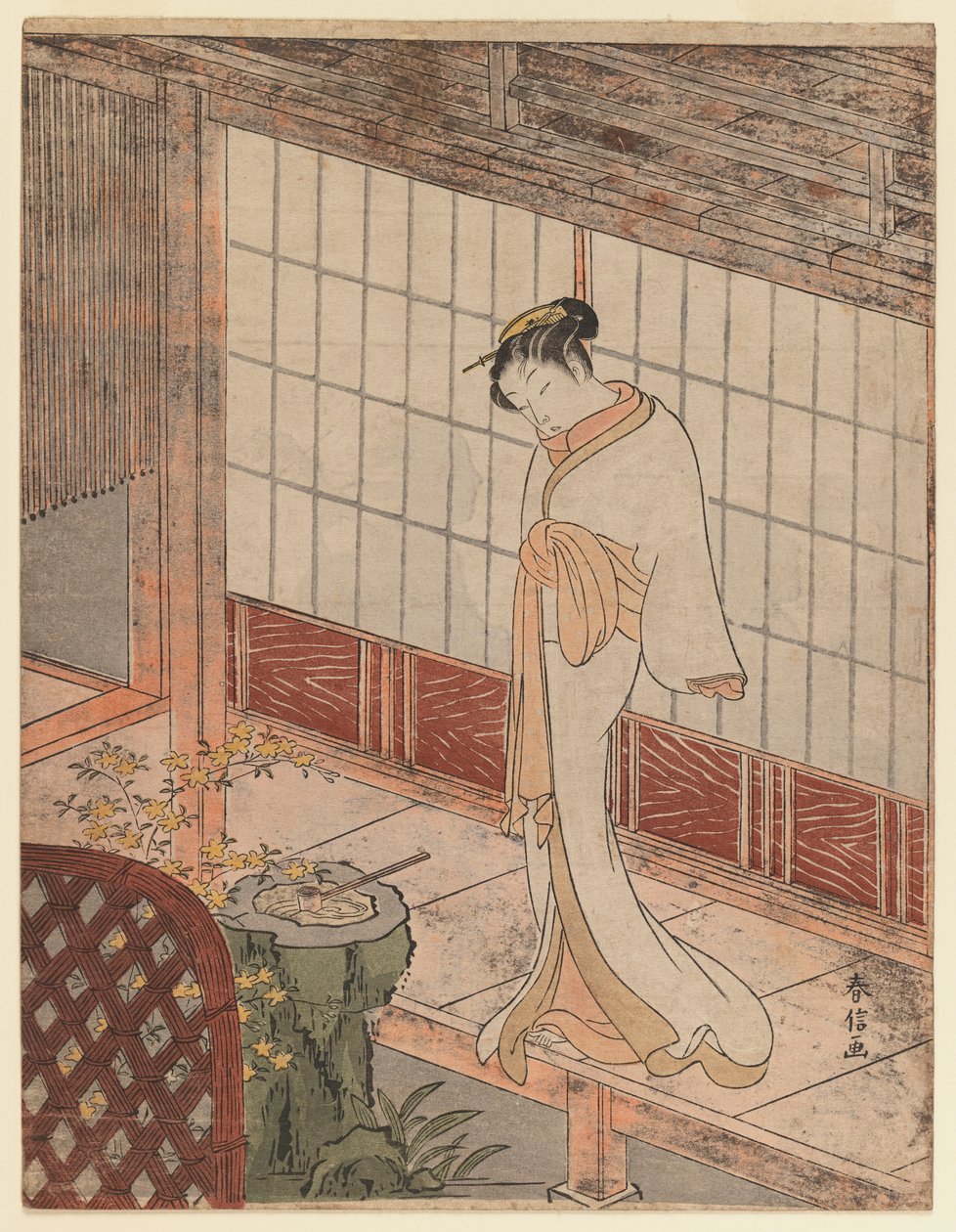 A verandán álló udvarhölgy éjszakai öltözetben, 1767 körül (színes fatömbnyomat) alkotó: Suzuki Harunobu