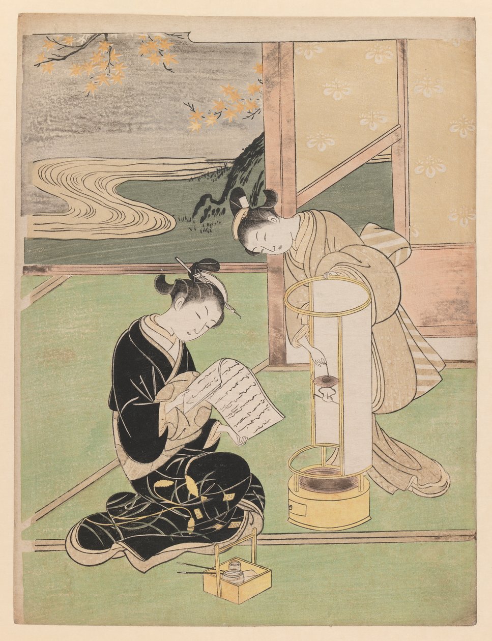 Esti ragyogás a papírral borított éjszakai fényben, a Nyolc szalonkilátás sorozatból, 1766 (színes fatömbnyomat) alkotó: Suzuki Harunobu