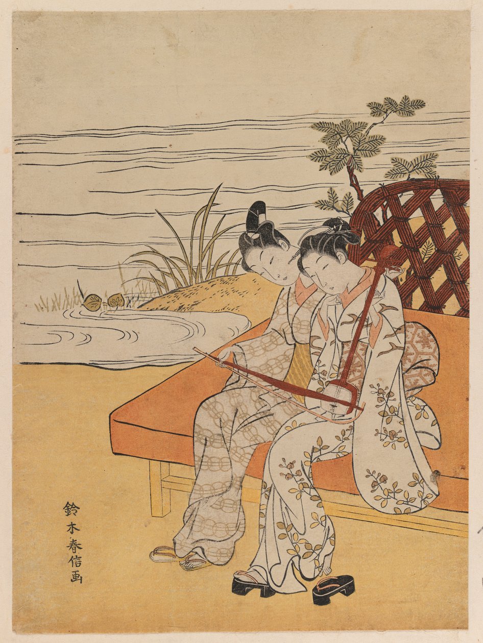 Sétáló kokyu lejátszók, 1765 körül (színes fatömbnyomat) alkotó: Suzuki Harunobu