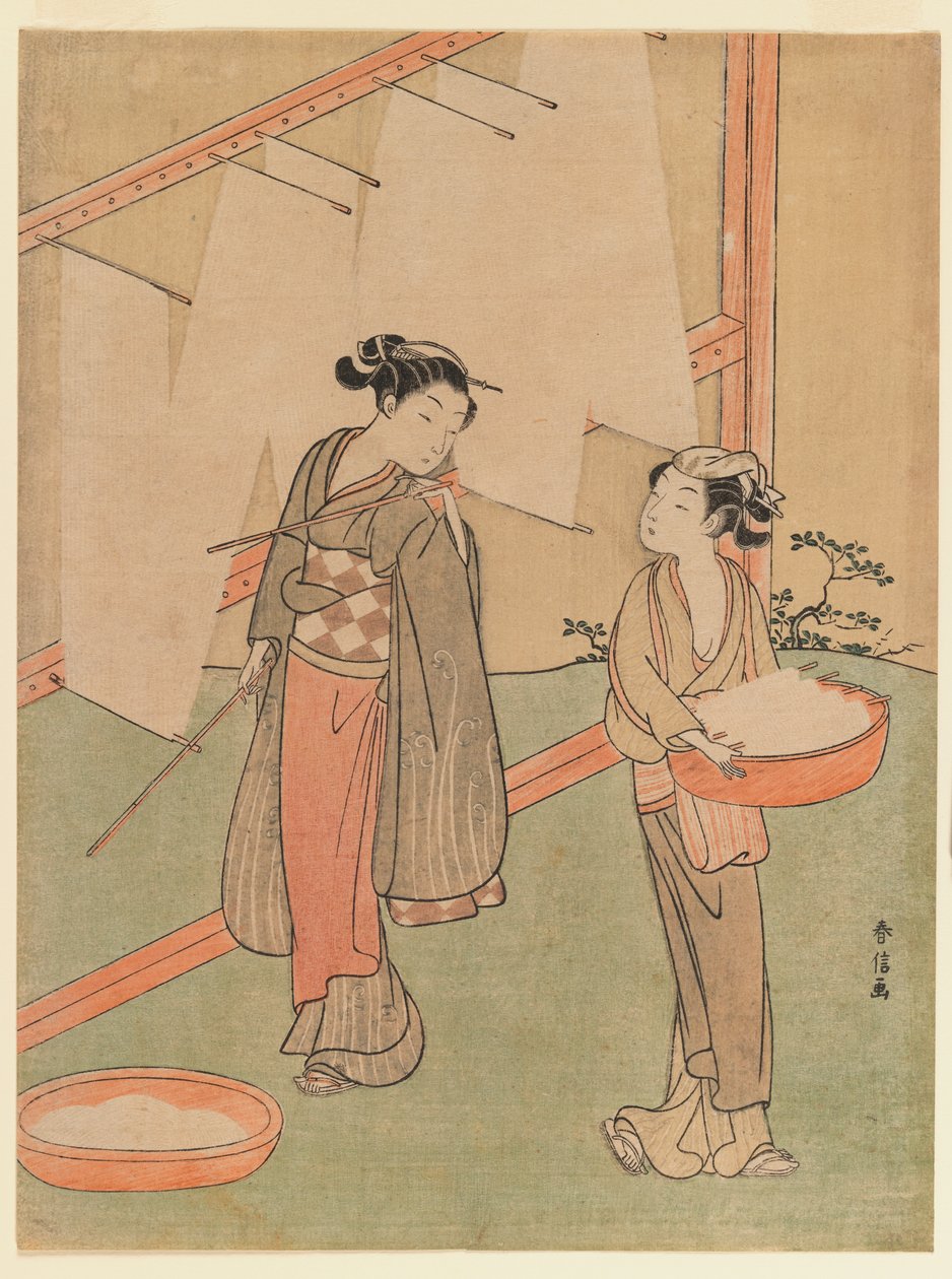 Fiatal lány és szolgáló japán finom tésztát szárít, 1766 körül (színes fatömbnyomat) alkotó: Suzuki Harunobu