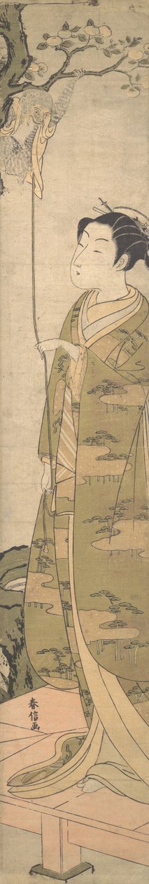 Egy nő játszik egy majommal, aki felmászott egy fára, kb. 1770., kb. 1770. alkotó: Suzuki Harunobu