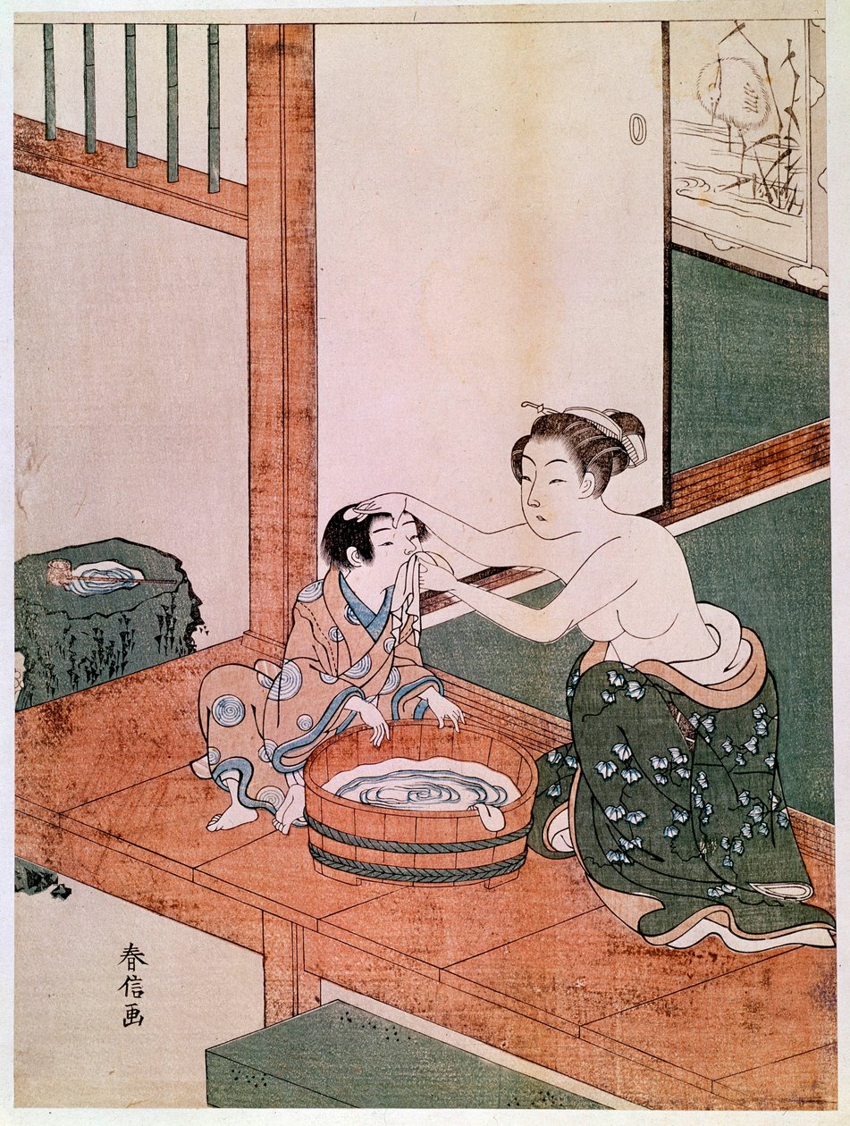 Egy meztelen anya megmossa a gyermekét Japánban egy vízzel teli medence közelében. Haronobu Suzuki (1725 -1770) nyomatai. 1766-1768. Homályos. 0,27x0,201 m. Párizs, Guimet Múzeum, Ázsiai Művészeti Nemzeti Múzeum alkotó: Suzuki Harunobu