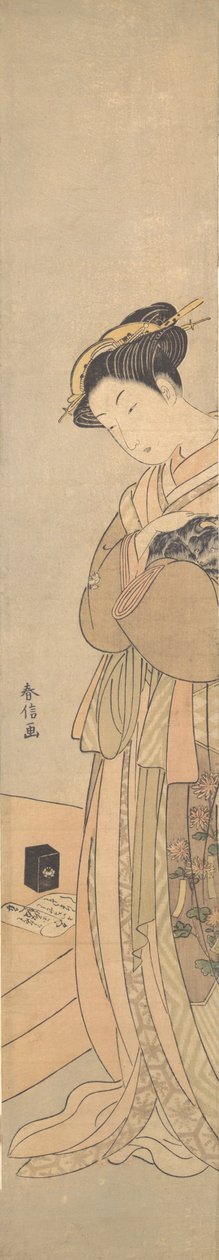 Egy oiran, aki egy fekete kutyát tart, kb. 1769., kb. 1769. alkotó: Suzuki Harunobu