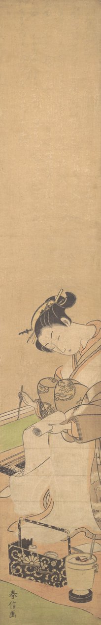 Egy oiran, aki egy ágyon ül, levelet ír, kb. 1769., kb. 1769. alkotó: Suzuki Harunobu