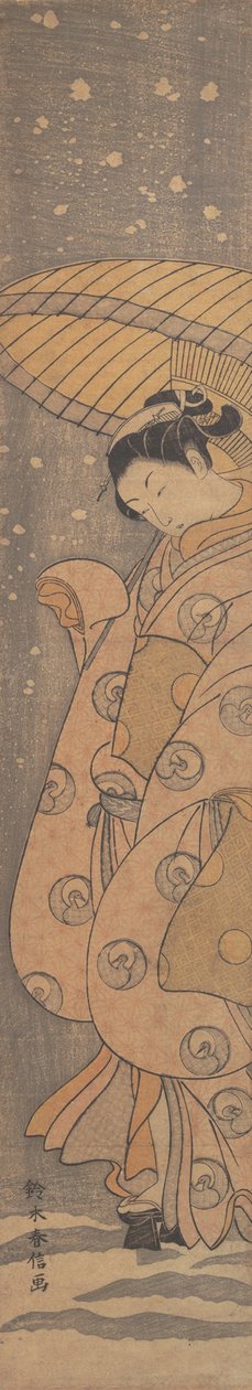 Szépség egy esernyő alatt a hóban, kb. 1770., kb. 1770. alkotó: Suzuki Harunobu