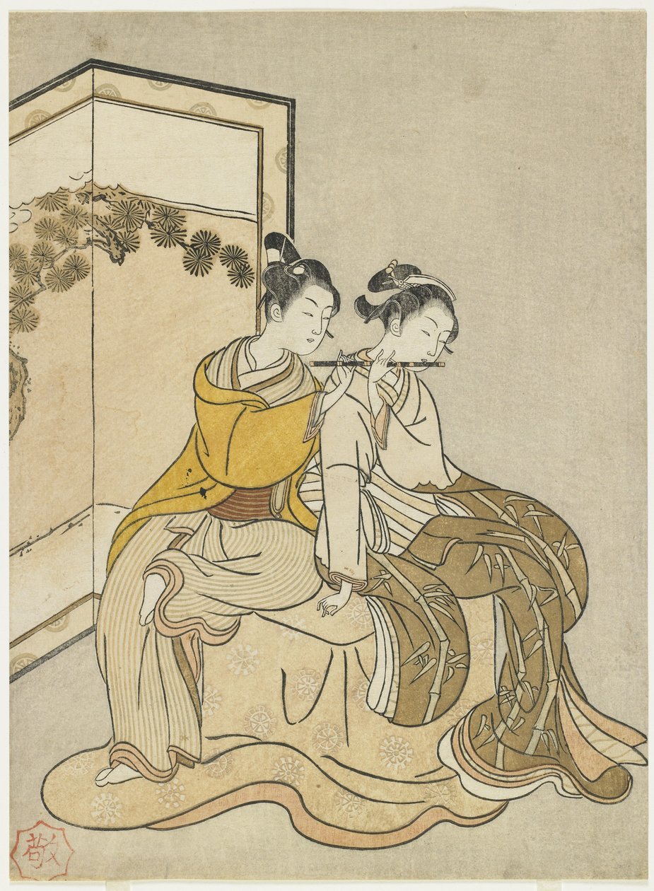 Meiwa 2 naptárnyomat és Hszuanzong császár és Jang Guifei mitátája, 1765 alkotó: Suzuki Harunobu