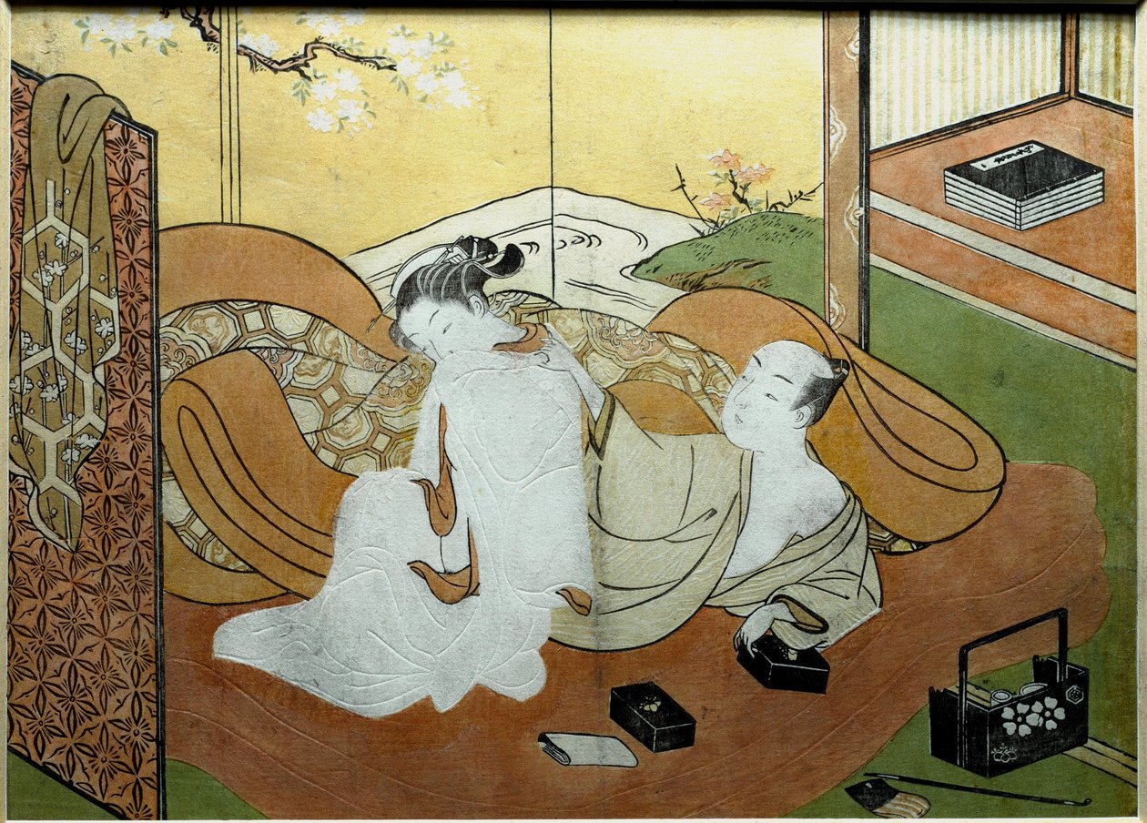 Szerelmespár hever egy paravános, kalligráfiai dobozban. Nishiki-e print (Nishiki e) Suzuki Harunobu (1725-1770 körül) 1765 kb. Nap. 20,6x27,8 cm Magángyűjtemény alkotó: Suzuki Harunobu