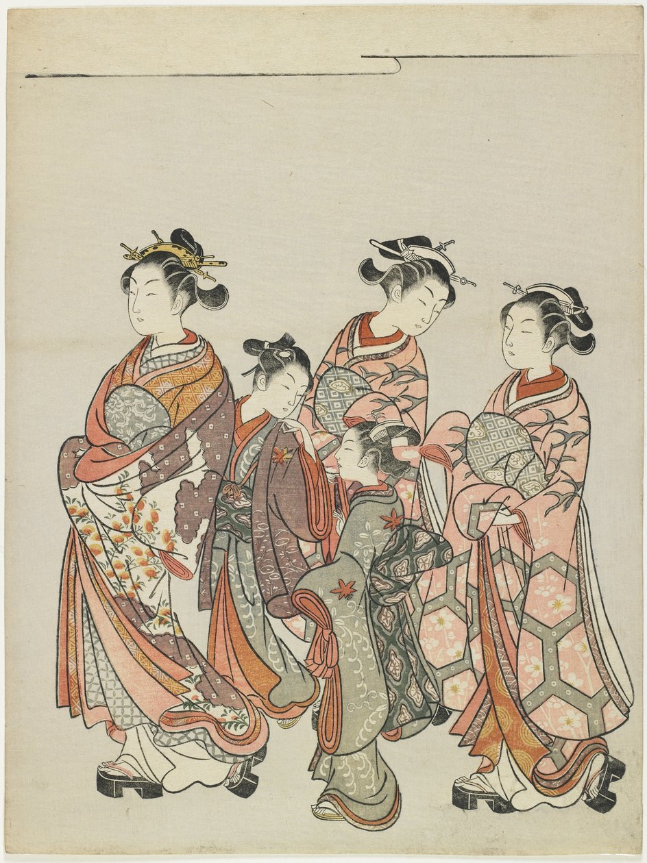 udvarhölgy kísérőkkel a felvonuláson, 1766 után alkotó: Suzuki Harunobu