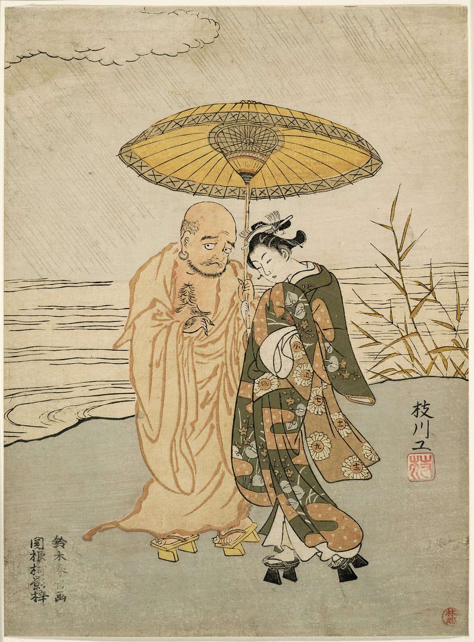 Daruma és egy fiatal nő az esőben alkotó: Suzuki Harunobu