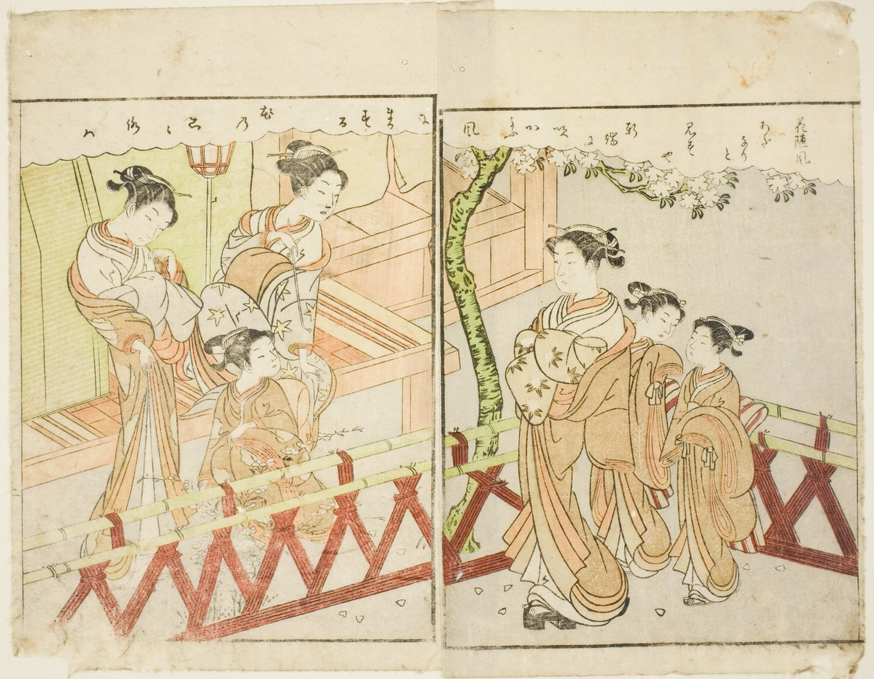 Kétoldalas illusztráció a kötetből. A tavaszi brokátok képkönyve (Ehon haru no nishiki) 2. része alkotó: Suzuki Harunobu