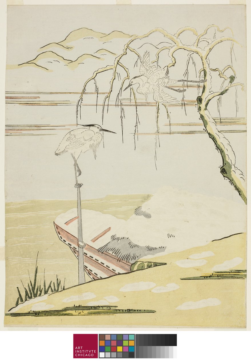 Kócsagok a hóban, 1768 körül alkotó: Suzuki Harunobu