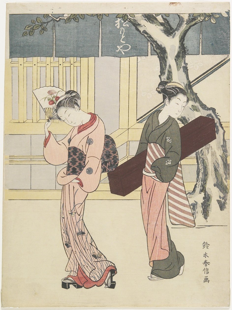 Szórakoztató és kísérője a Matsumoto-ya előtt, c. 1768 alkotó: Suzuki Harunobu