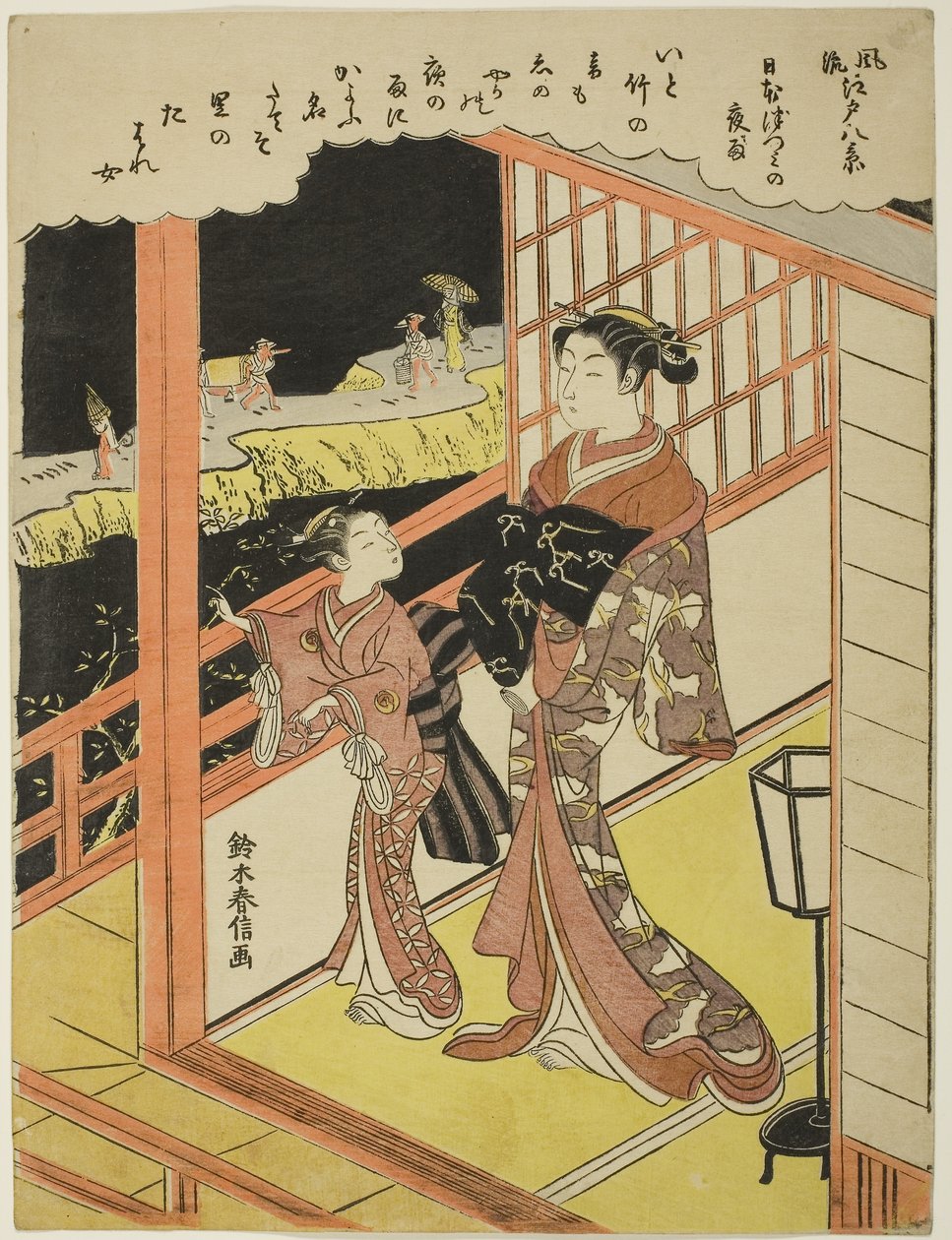Esti eső Nihonzutsumiban (Nihonzutsumi no yau), a "Nyolc divatos nézet Edóról (Furyu Edo hakkei)" sorozatból, 1768-69 körül (színes fametszet; chuban). alkotó: Suzuki Harunobu